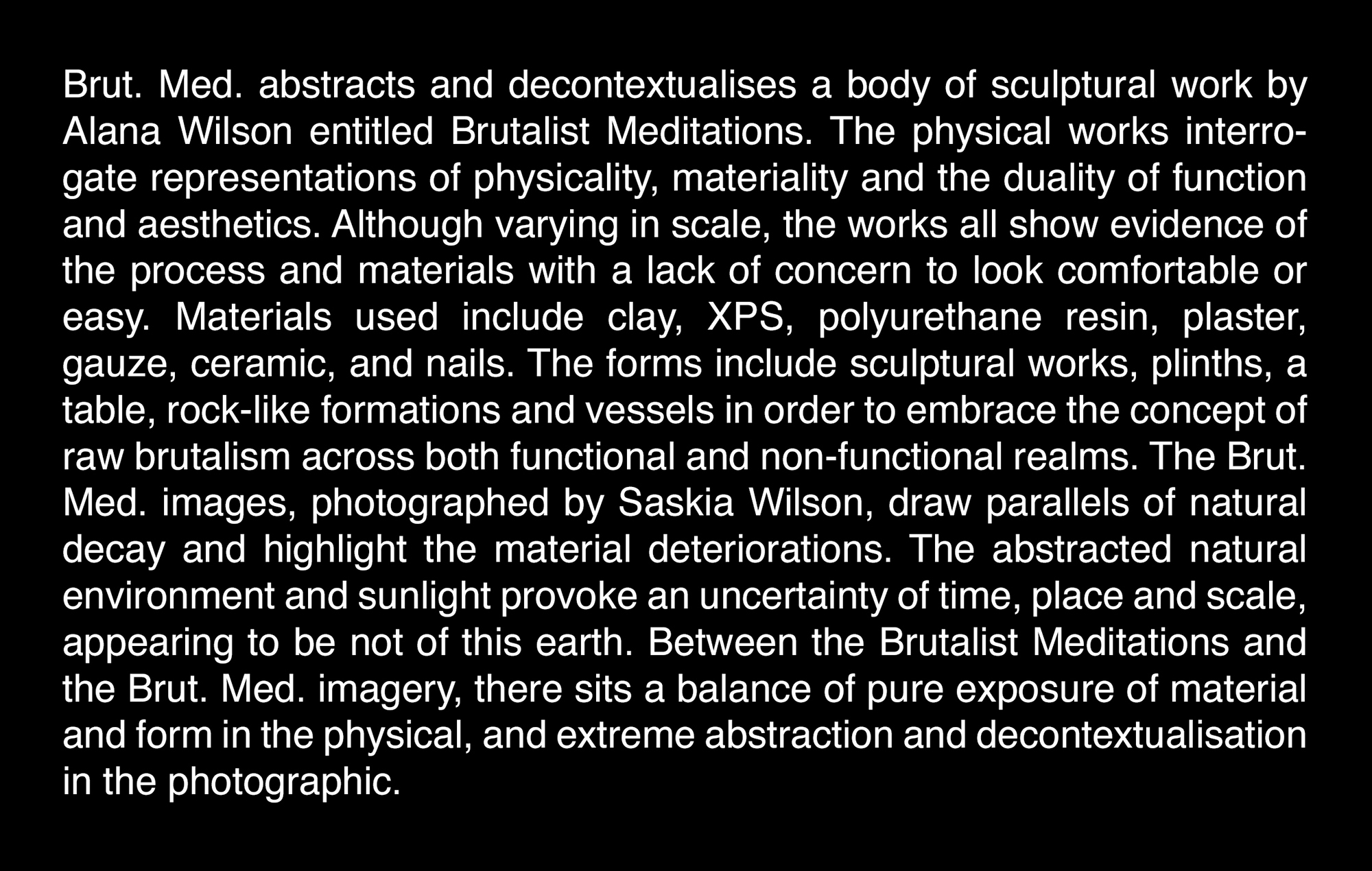 Text art featuring an informational wall of text about an art exhibition and its themes, presented in all caps against a black background.