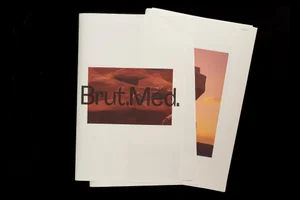 Printed publication pages featuring the title Brut.Med overlaid on a photograph of rocky terrain against a stark black background.