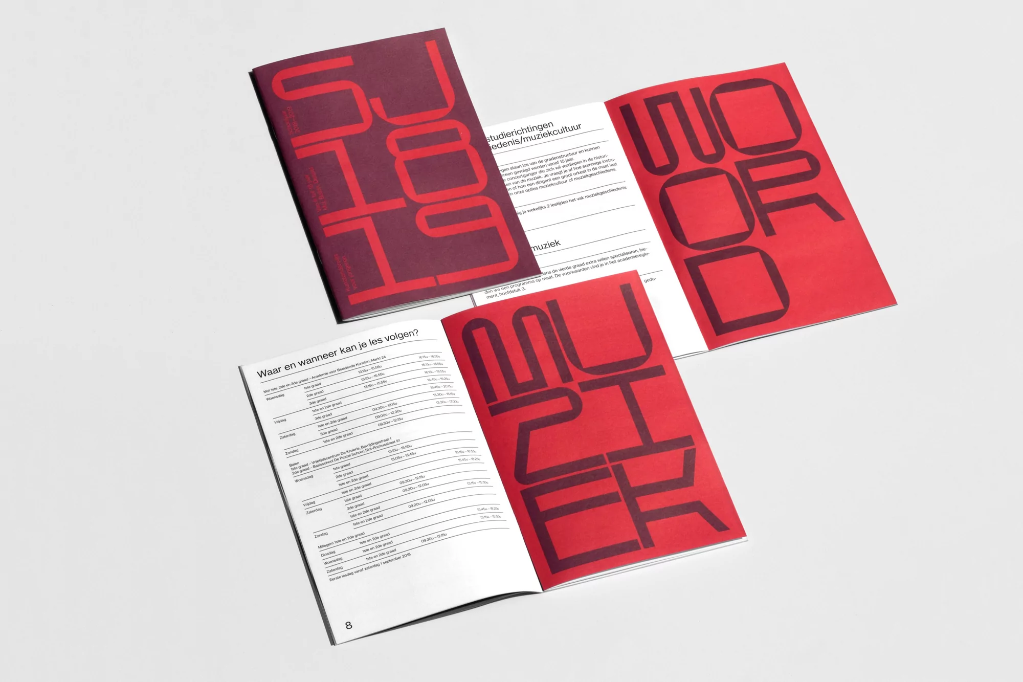 Arrangement of three open and closed Dutch language program brochures with prominent typography on a white background.