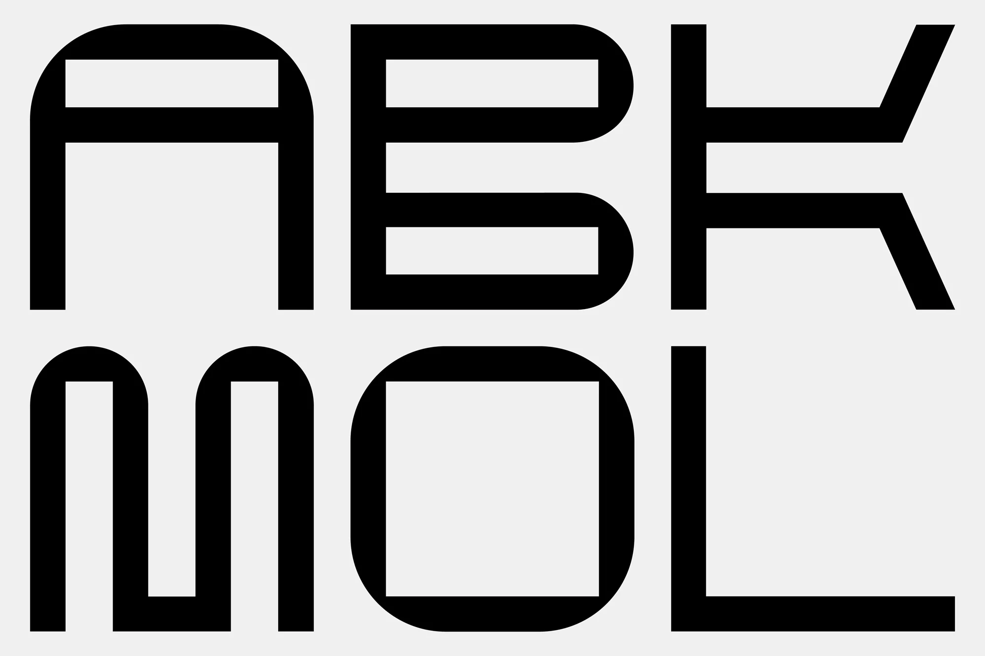 Graphic design with bold, geometric black lettering on white background, featuring letters ABEKMOL in unique font style for visual impact.