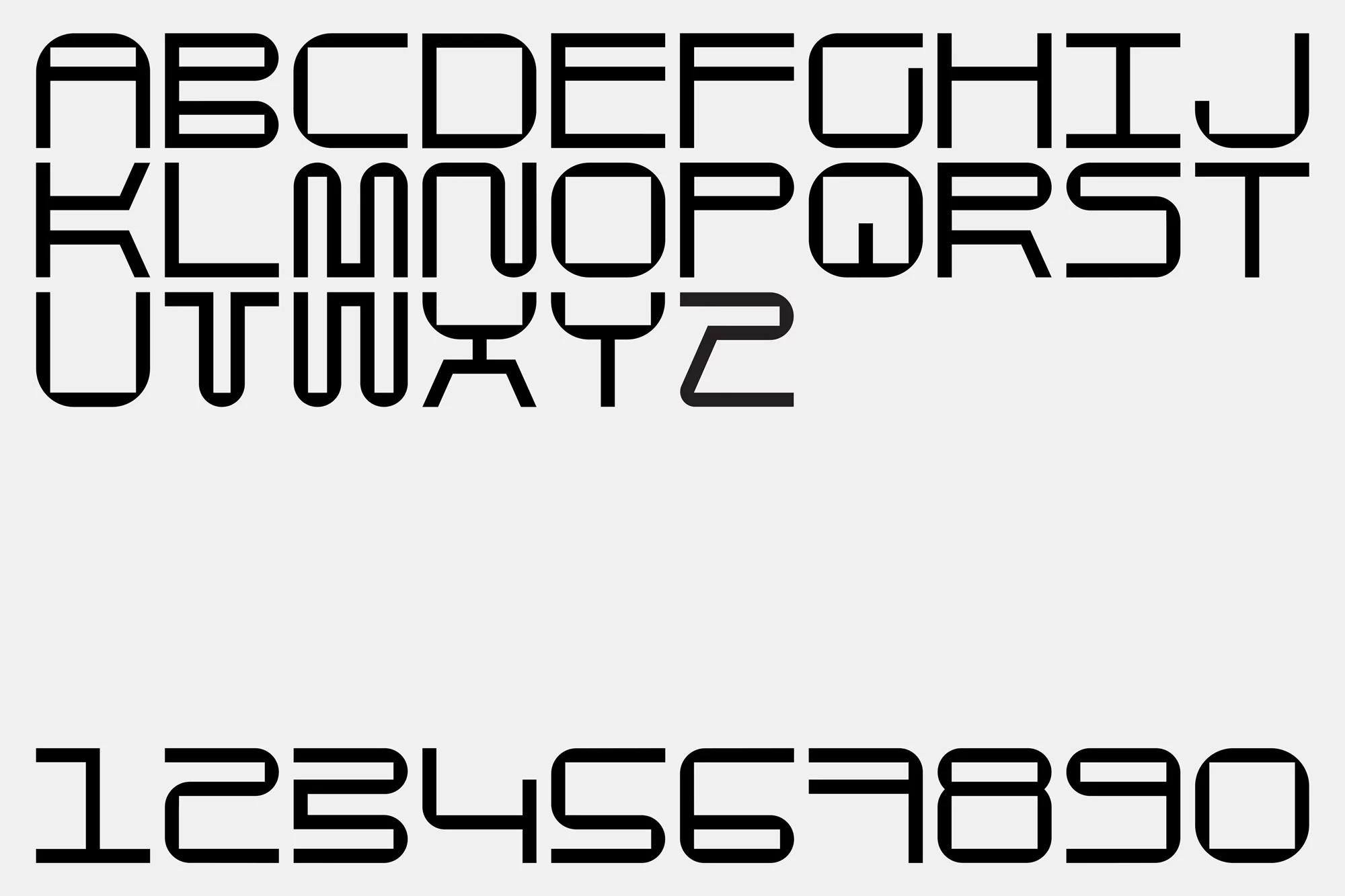 Alphabet and numbers in a minimalist, modern font style. Bold black lines form letters A-Z and numbers 0-9 on a light gray background.