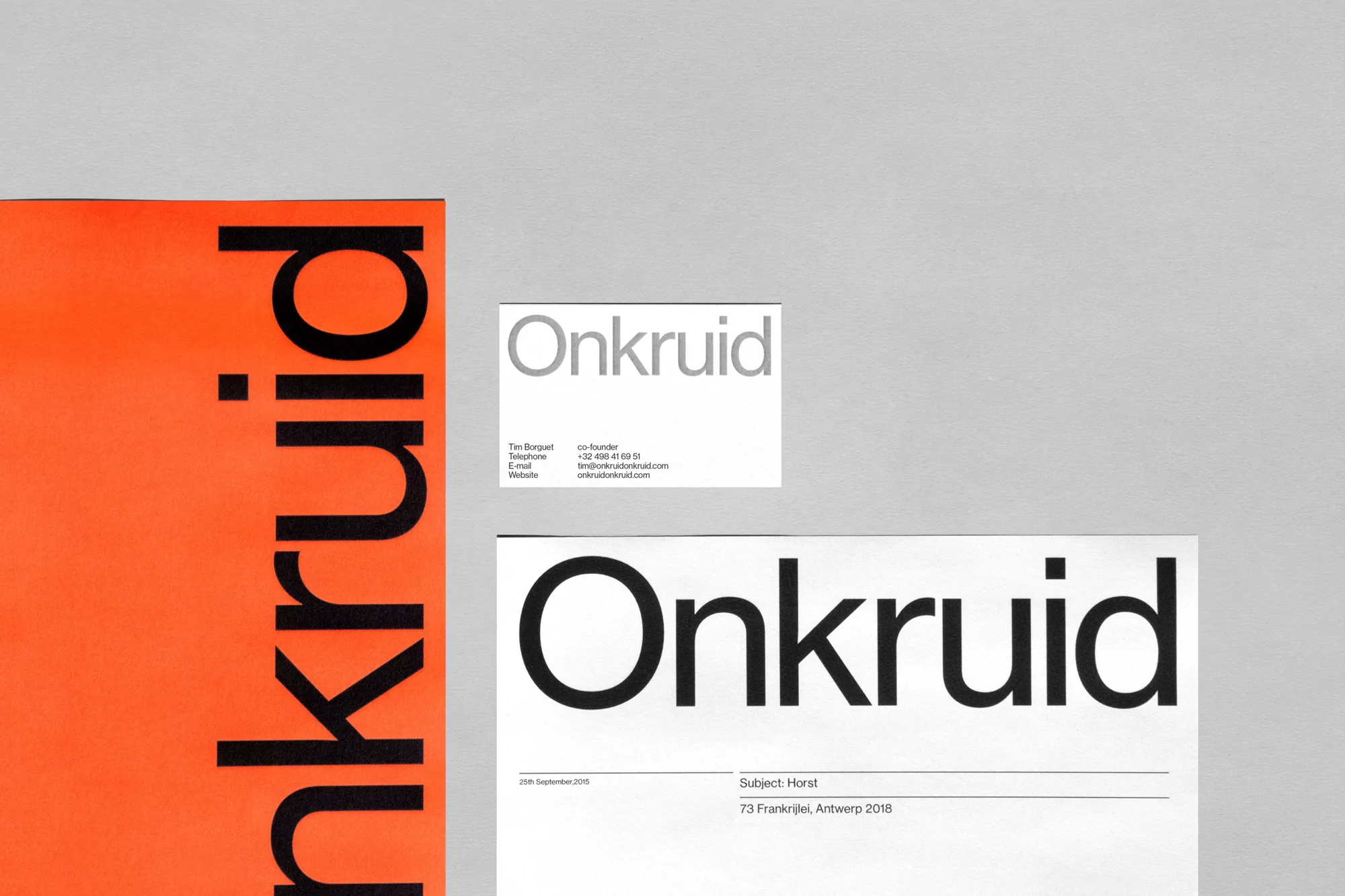 Minimalist graphic design brand identity layout featuring Onkruid logo on paper