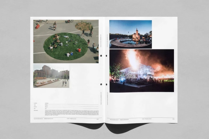 Open-page spread of a magazine featuring outdoor gathering scenes: people on grass, a structure on fire, and a building by a body of water.