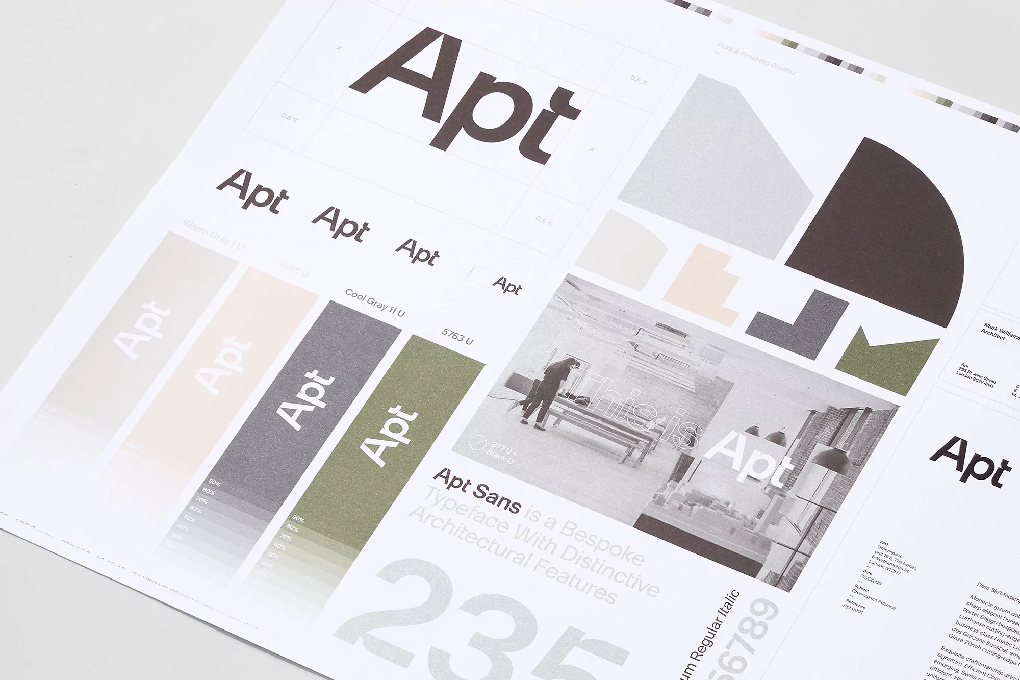 Promotional material featuring the Apt typeface, showcasing its applications, color swatches, and architectural inspirations on a white surface.