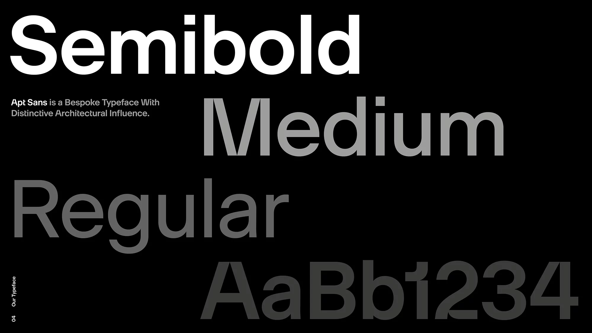 Apt Sans typeface specimen with the words 'Semibold,' 'Medium,' 'Regular,' and character set examples on a black background.