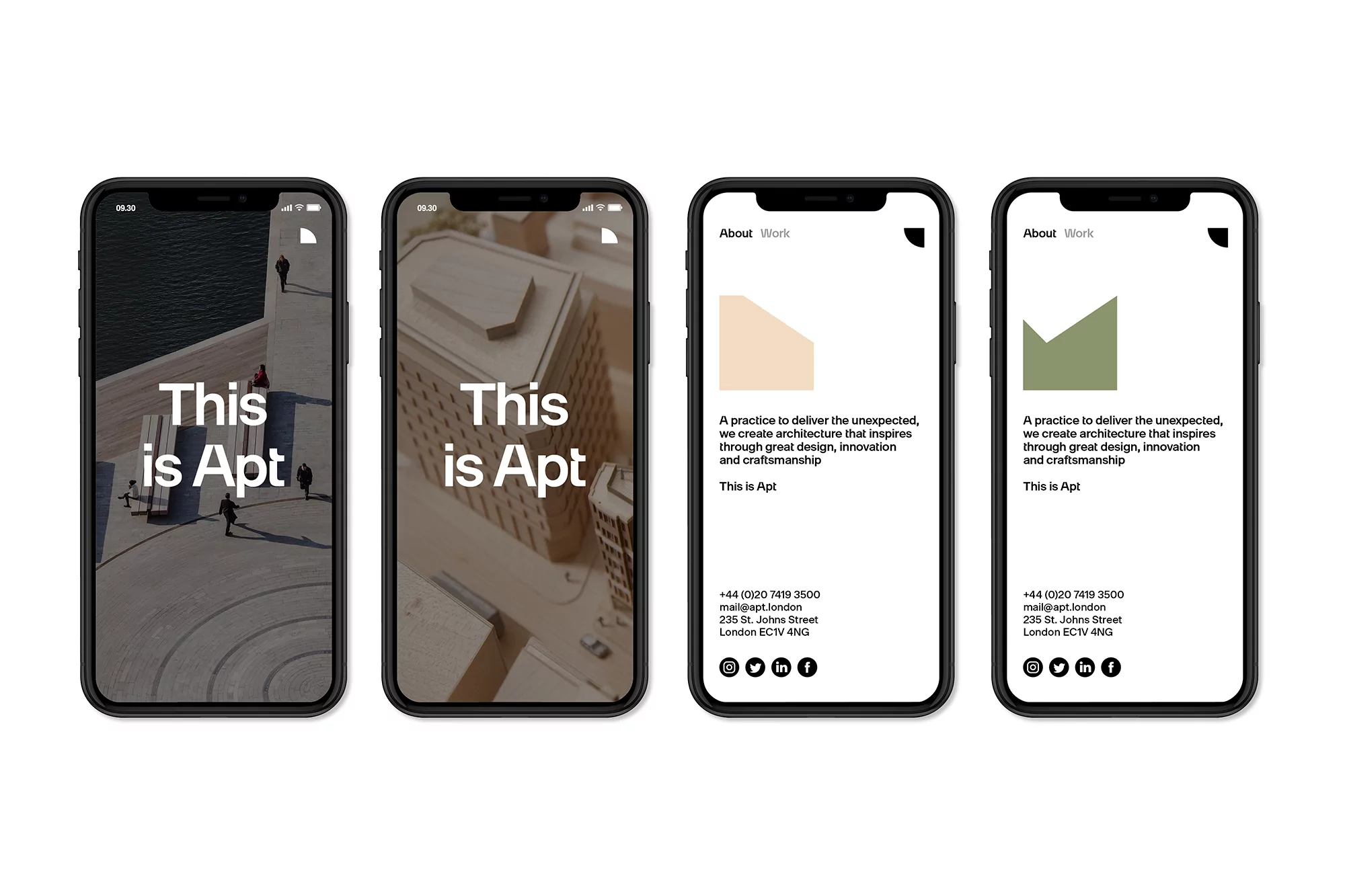 Four smartphone mockups display the architectural portfolio website for 'This is Apt,' showcasing building designs and contact information.