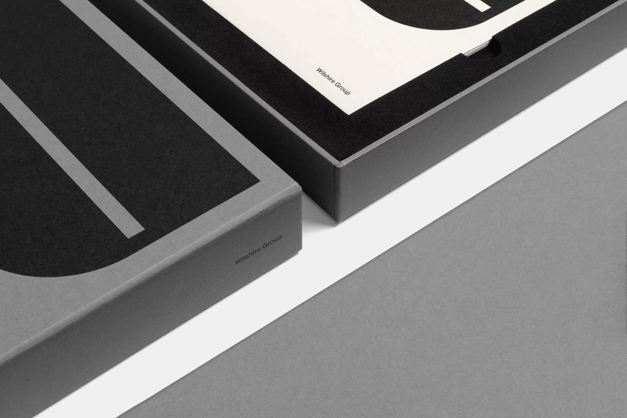 Close-up of two gray boxes with black interiors, featuring bold graphic design elements and the 'Wilshire Group' logo on the box exteriors.