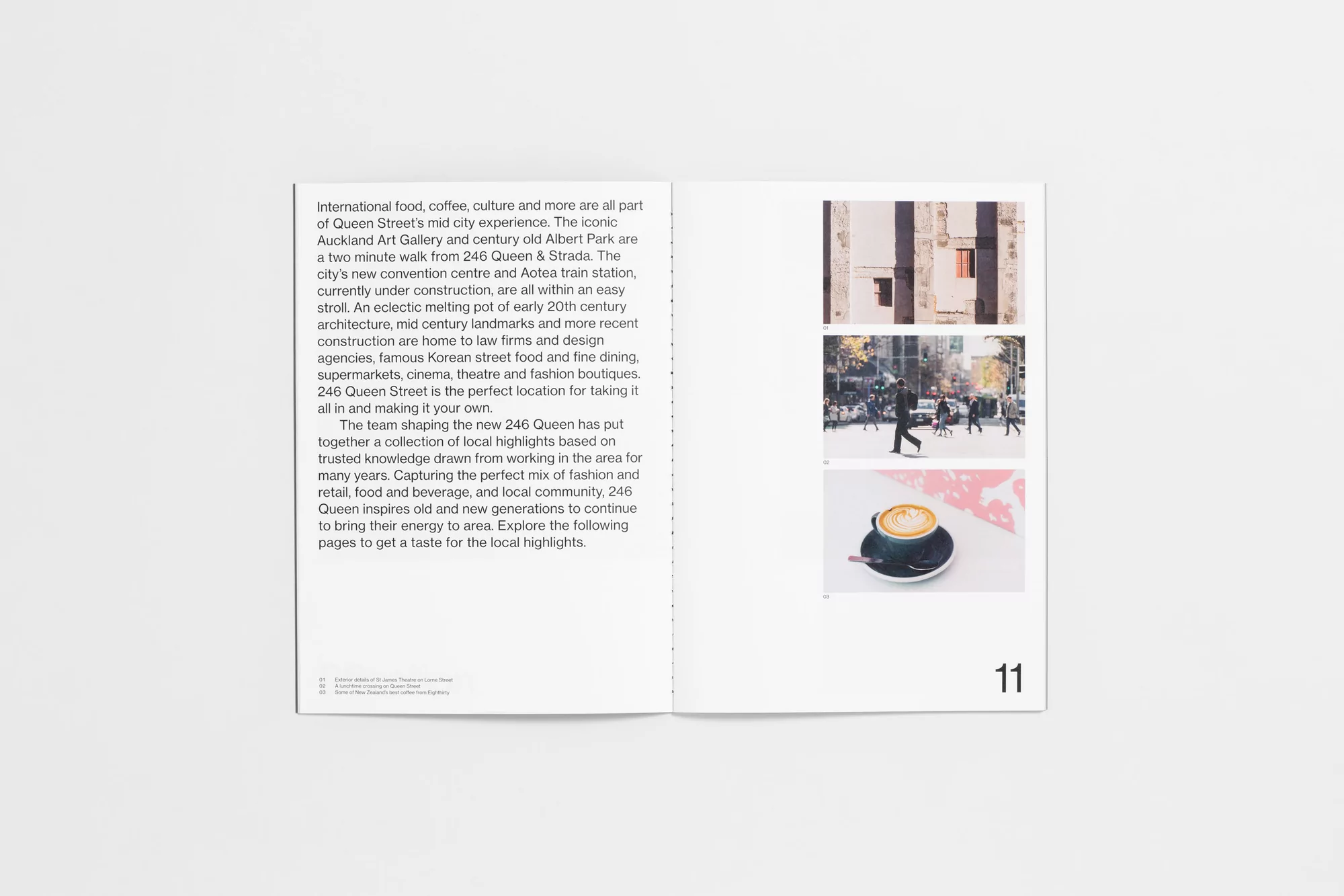 Brochure with architecture, street scene, and coffee image. International food, coffee, and culture in Queen Street's city experience.