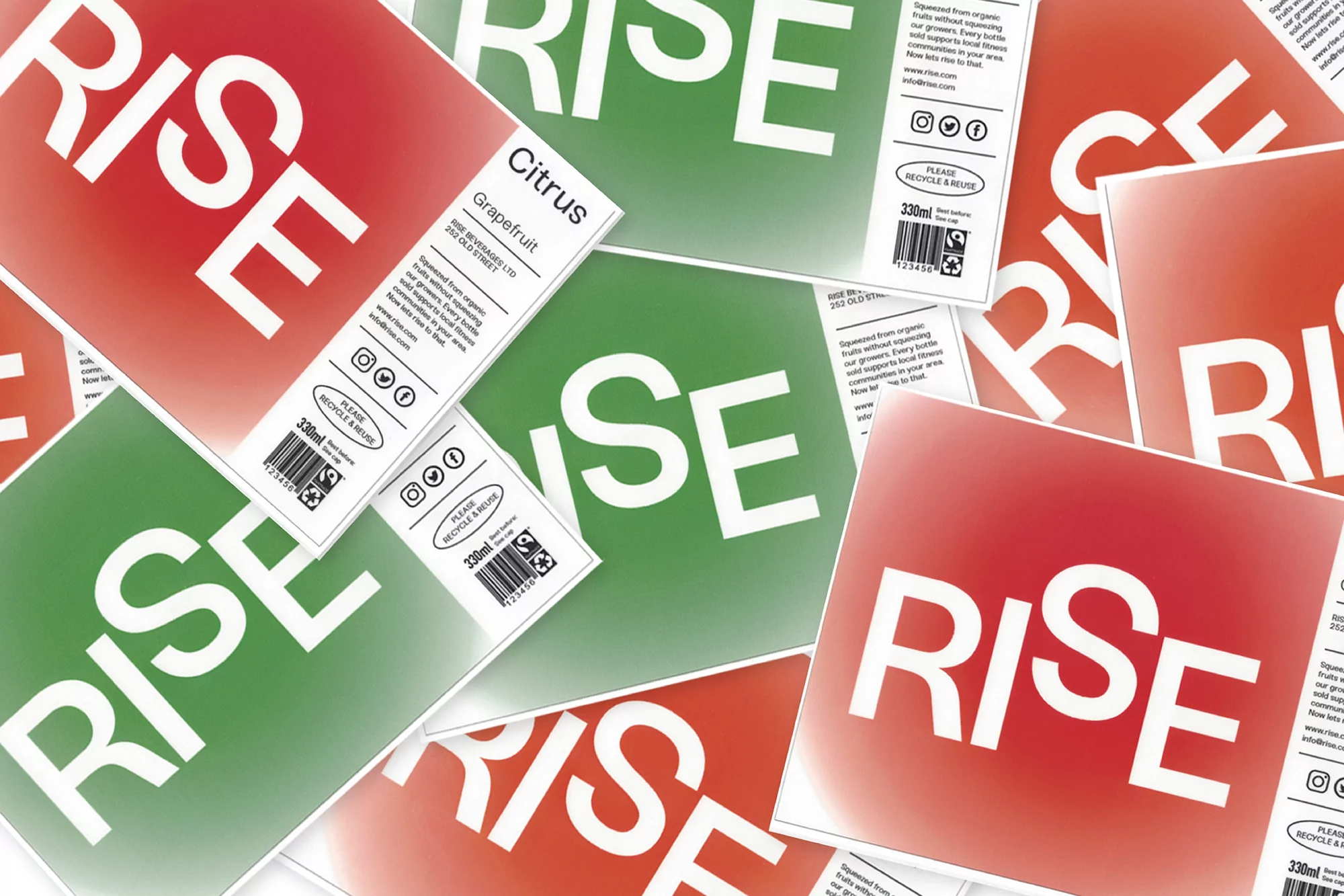 A vibrant array of RISE beverage containers in red and green hues, showcasing modern label design and minimalist aesthetic.