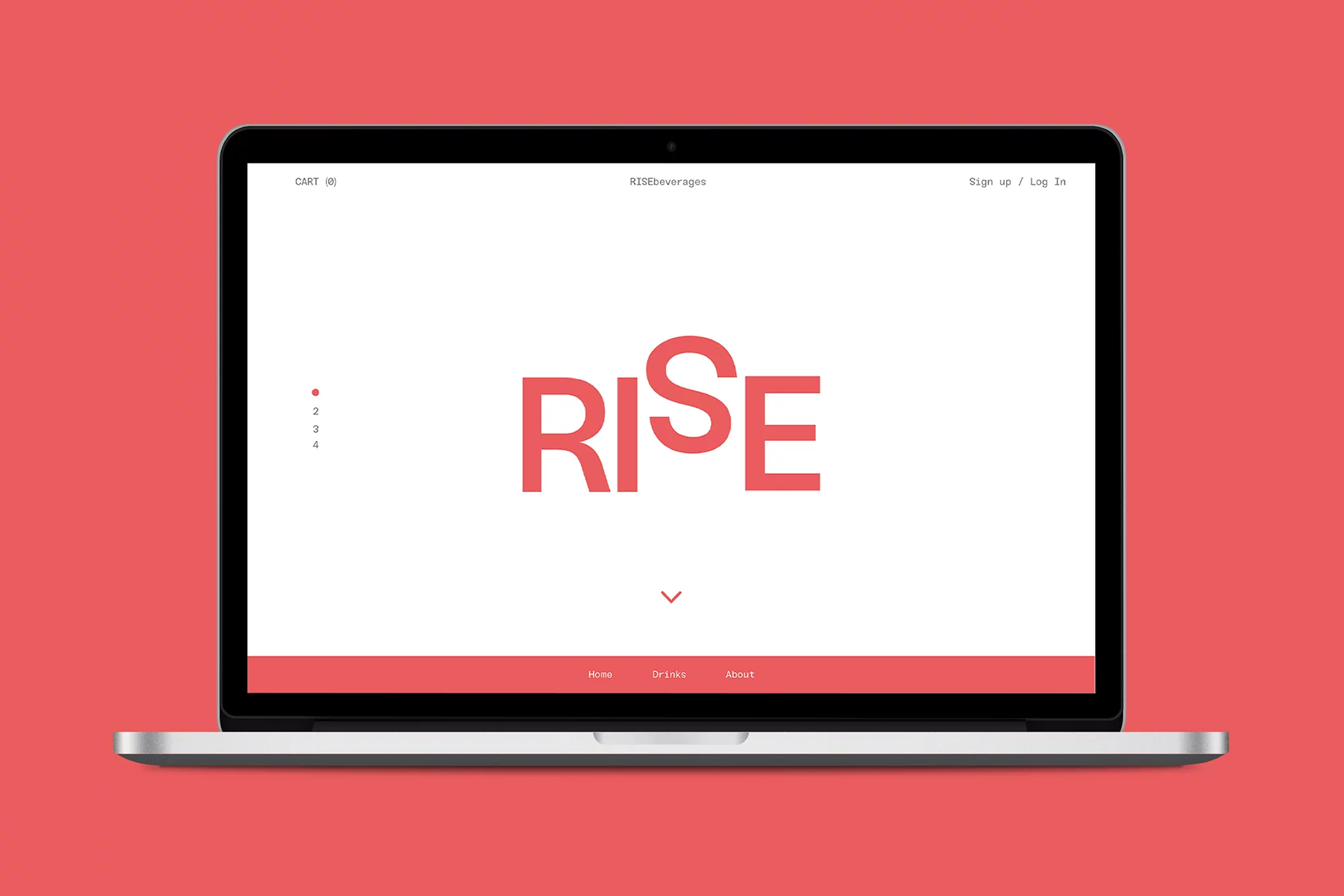 Laptop computer displaying a website with the word 'RISE' in coral-red text on a white screen, set against a coral-red background.