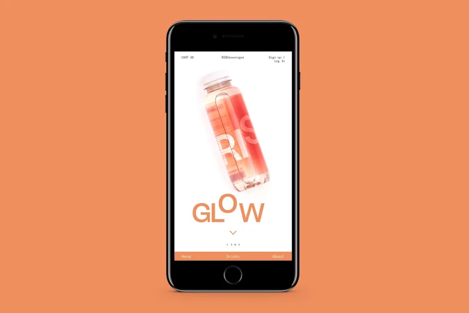 Black smartphone displays a refreshing RISE beverages webpage with a bottle of fruit-infused water against a salmon-colored background.