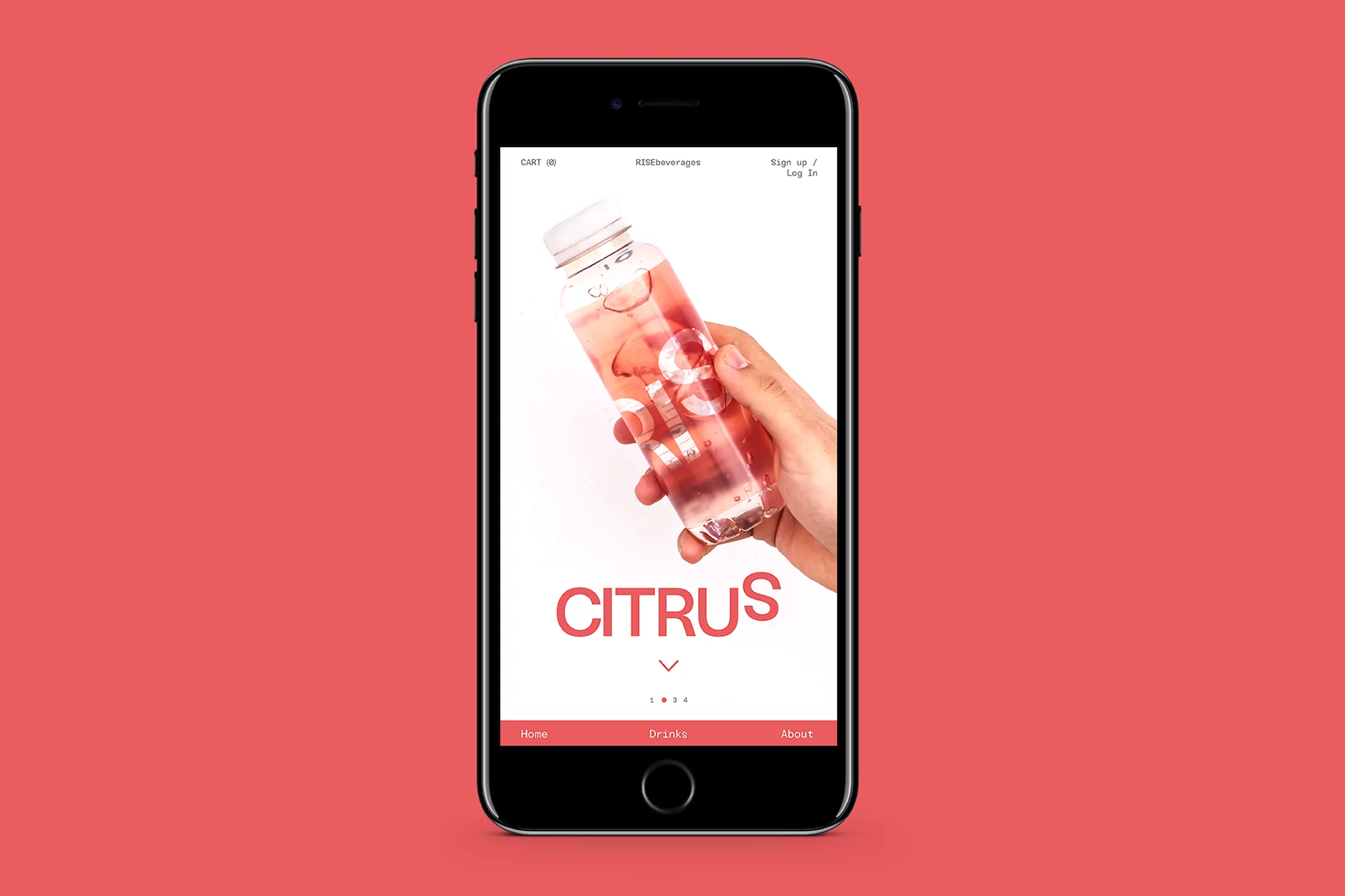 Close-up of a smartphone displaying a promotional image of a bottle of citrus beverage held by a person's hand on the screen.