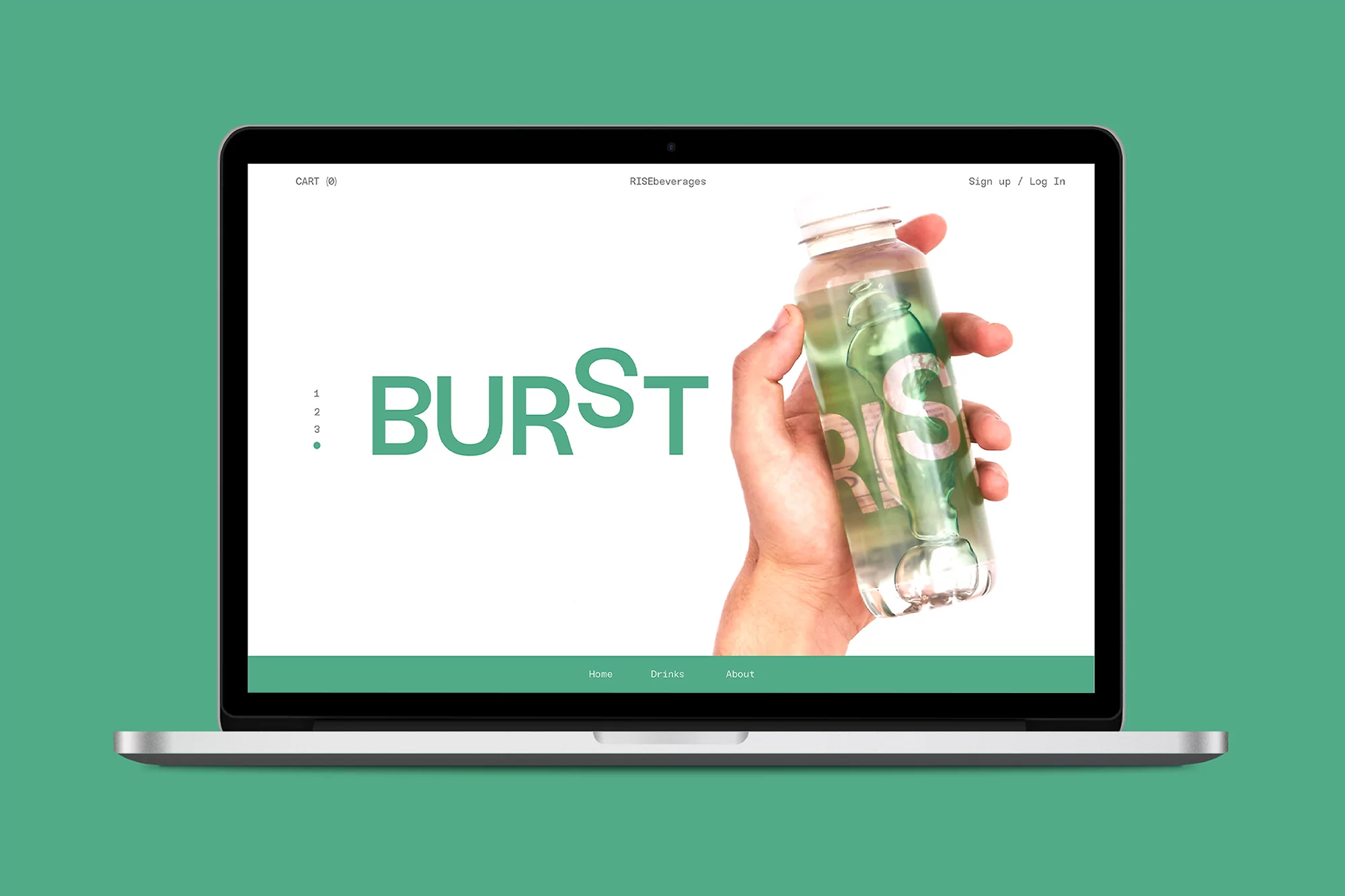 Laptop displays RISE Beverages website with a hand holding a branded water bottle against a clean, modern interface and green background.