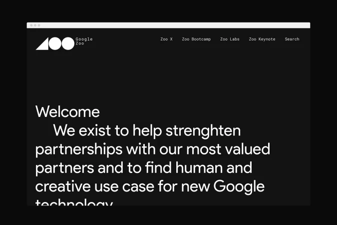 Google Zoo webpage design. Screen capture of a website showcasing text, design elements, and a black and white color palette.