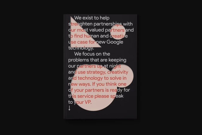 Black book cover features white text about partnerships, human creativity, and Google technology, with geometric shapes in light red.