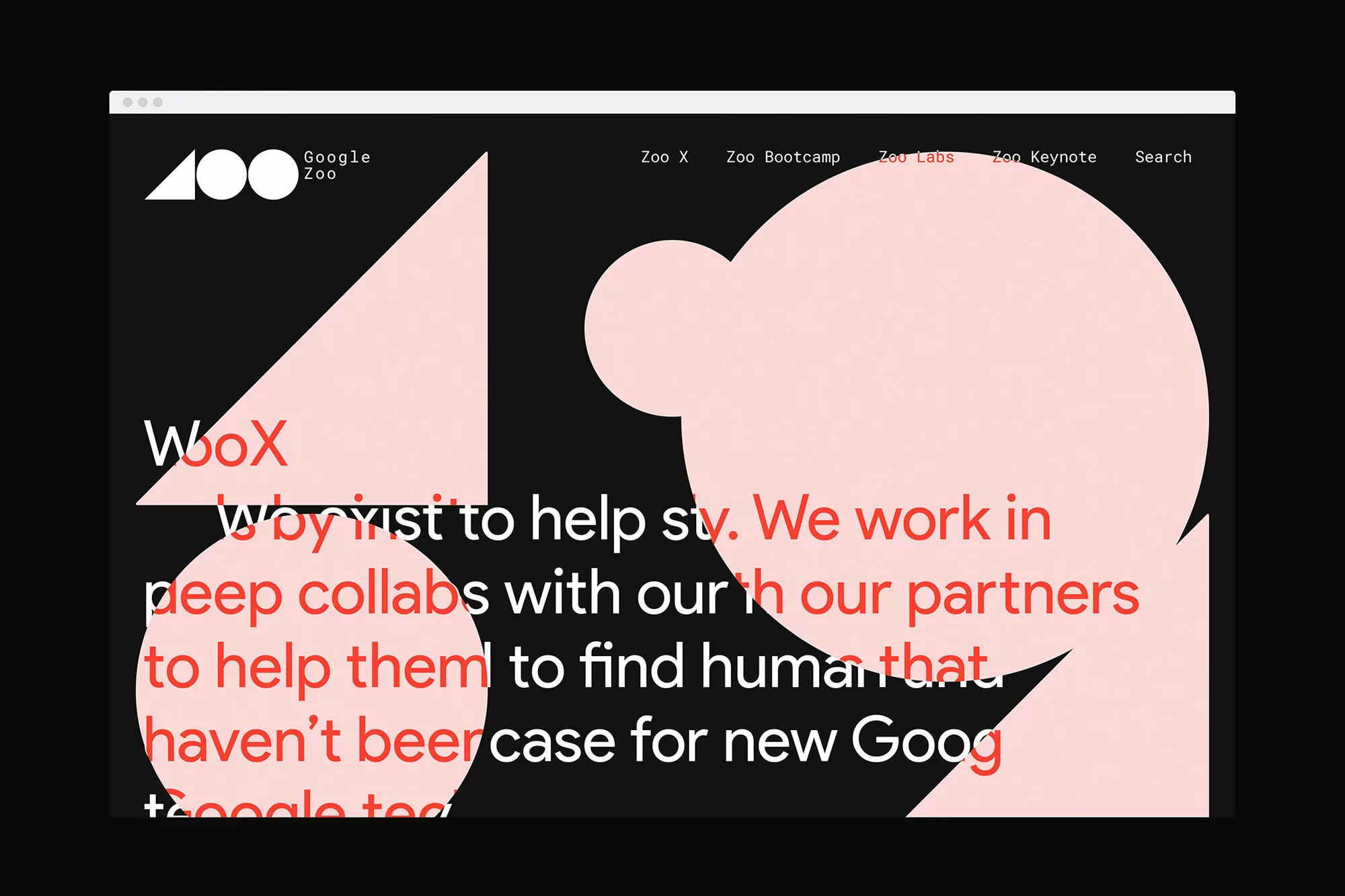 Website landing page featuring geometric shapes and text for 'Google Zoo,' with links to Zoo X, Zoo Bootcamp, Zoo Labs, and Zoo Keynote.
