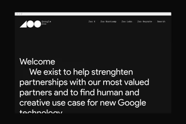 A dark mode user interface screen showing website text for Google Zoo with a minimalist black background and clean white typography.