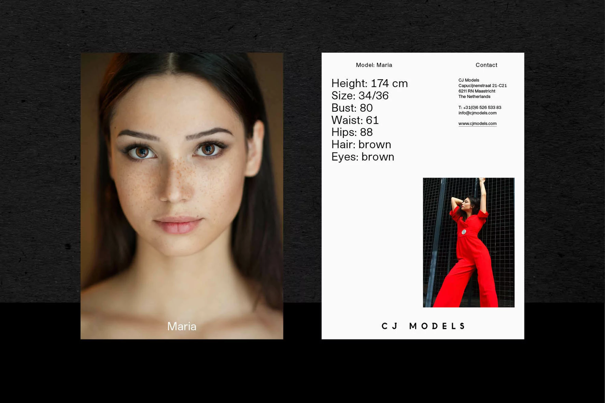 Headshot of Maria, a young woman with brown hair and eyes, showcasing her model statistics and a full-body shot in a red jumpsuit.