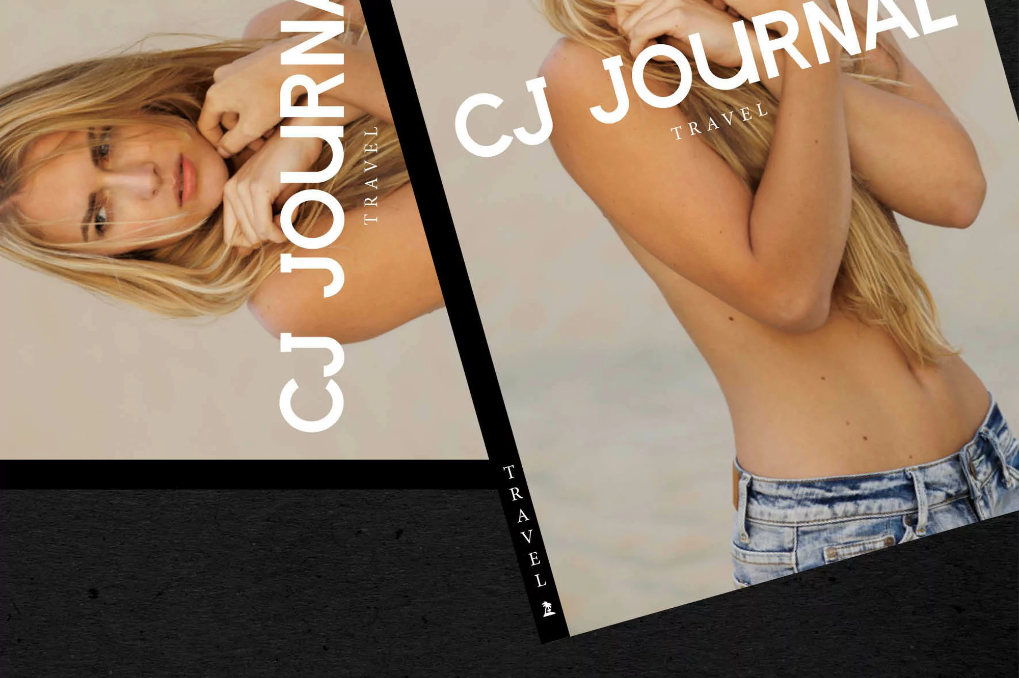 Fashionable woman on travel magazine cover. Close-up portrait of blonde model with casual jeans, against neutral backdrop with bold typography.