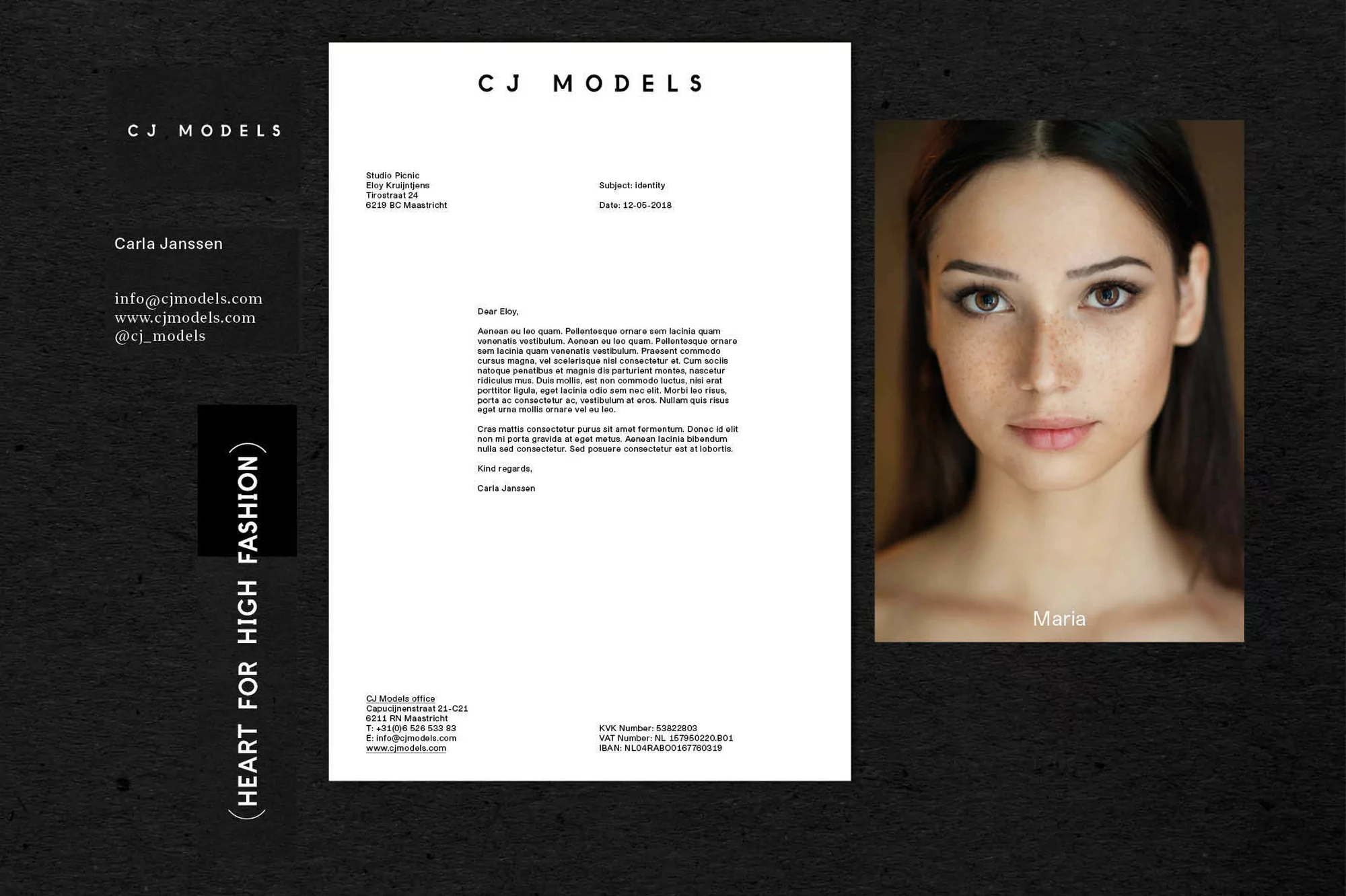 Portrait of a dark-haired woman, Maria, with light skin, against a dark background, presented on a promotional modeling agency letter.