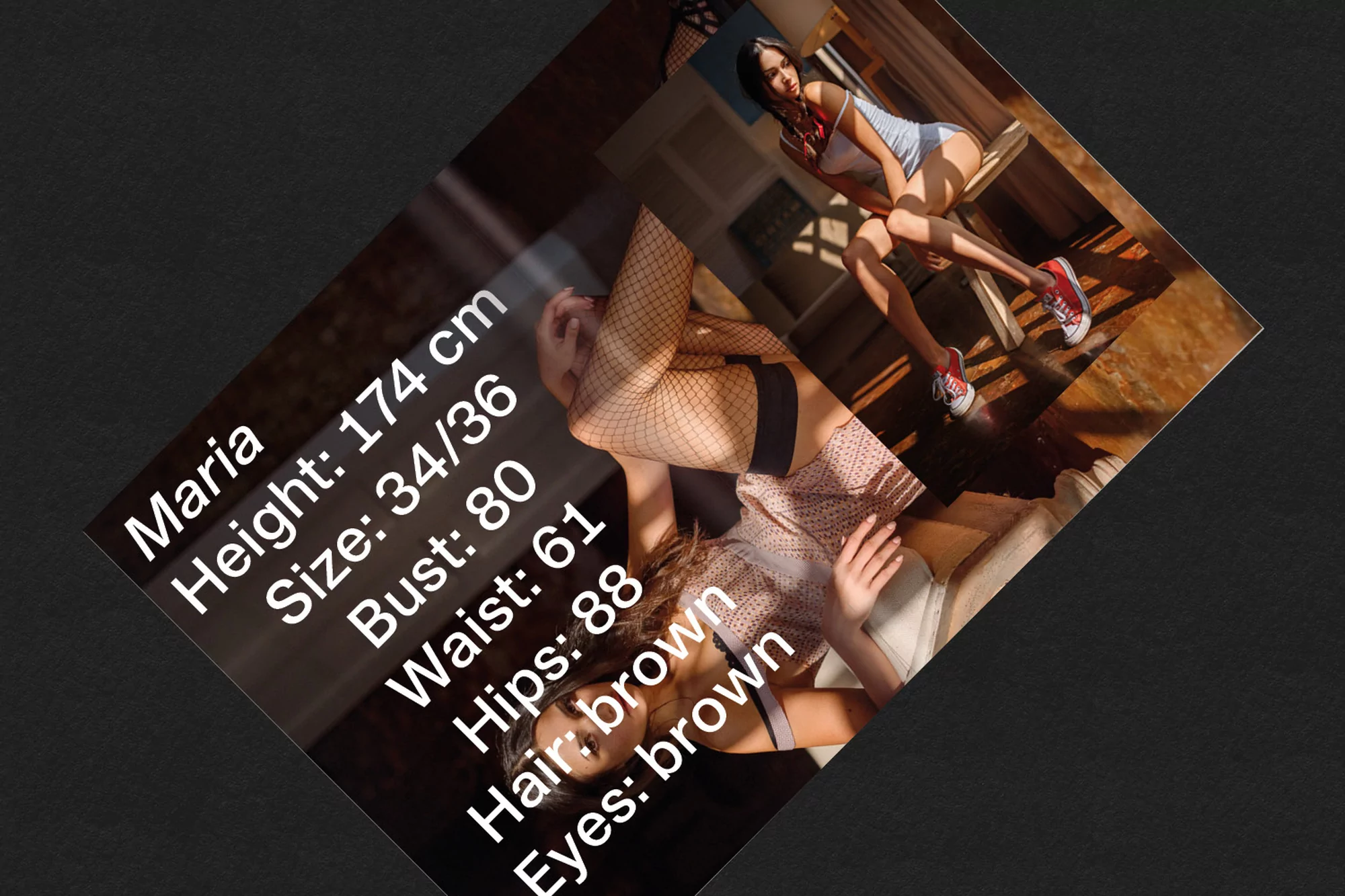 Indoor photograph featuring a young woman in swimwear on a wooden structure, bathed in sunlight, and a document with text.