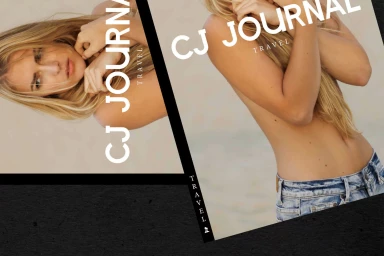 CJ Models brand identity design featuring a woman in denim jeans and typography