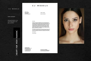 CJ Models brand identity stationary layout featuring a letterhead and portrait of a woman with freckles.