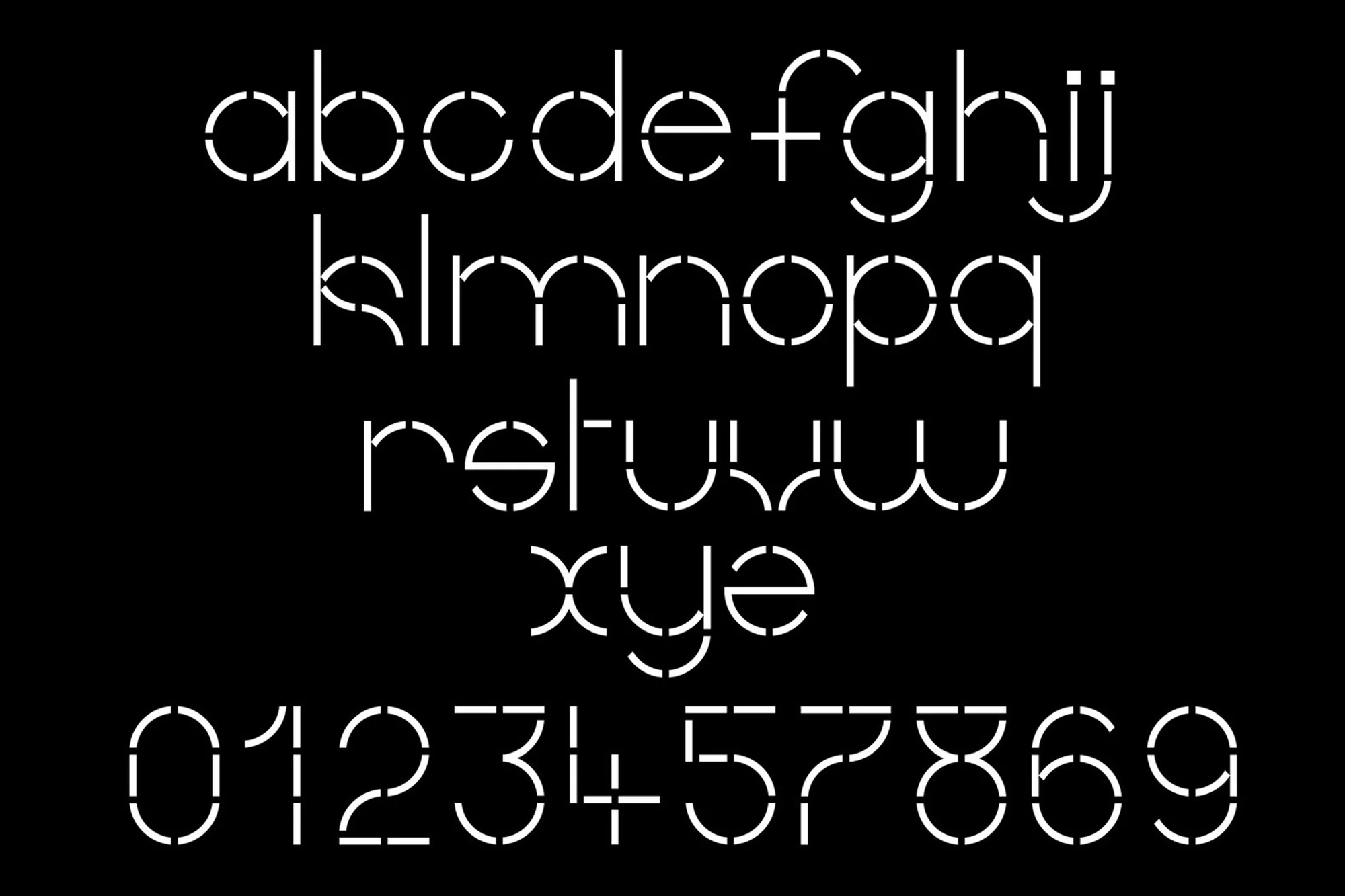 Striking typography art displaying a full alphabet and number set in a unique, modern, minimalist, white, stencil-style design against a black backdrop.