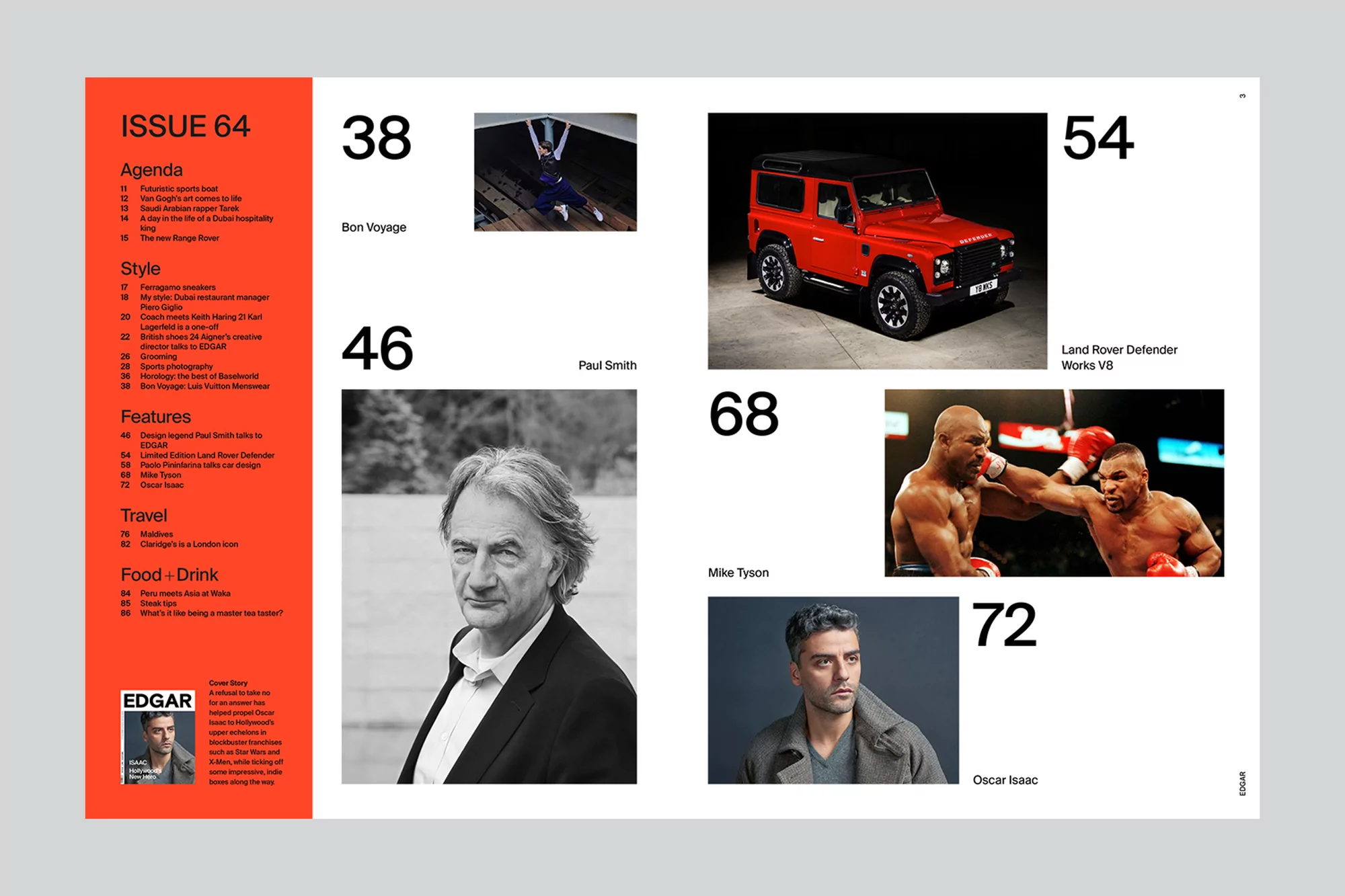 Multiple images on the cover of Edgar magazine, featuring photos of a man in a jumpsuit, a car, and portraits of Paul Smith and others.