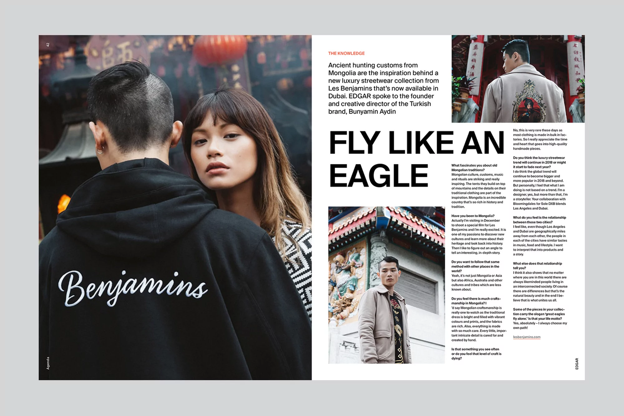 Fashion editorial featuring a couple; a woman looking directly at the camera and a man with a black hoodie with 'Benjamins' written on it.