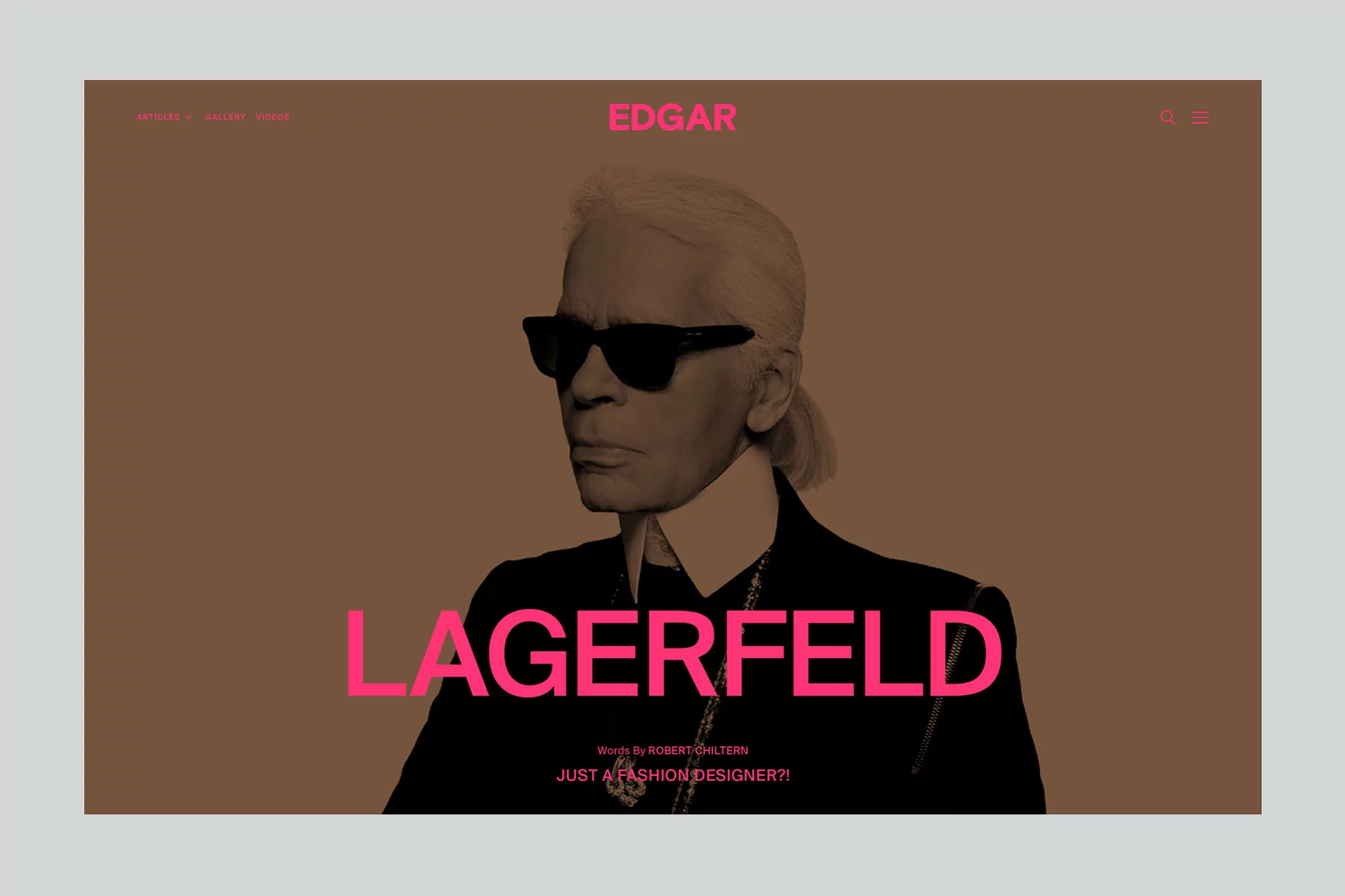 Website interface featuring a portrait of Karl Lagerfeld in sunglasses against a brown background with pink typography.