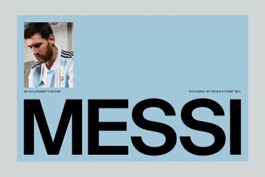 Graphic layout featuring Lionel Messi in an Argentina jersey alongside bold capitalized typography on a light blue background.