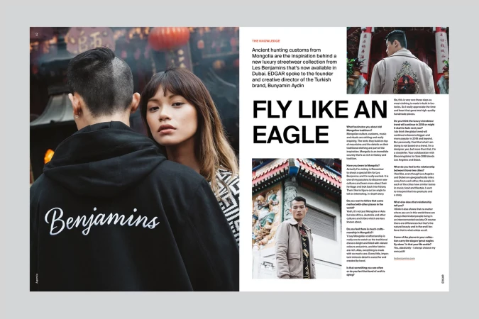 Editorial magazine spread for Six featuring bold typography, product images, and models in casual apparel against outdoor backdrops.