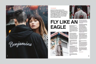 Magazine spread layout featuring a bold headline, portraits of two models, and editorial columns of text.
