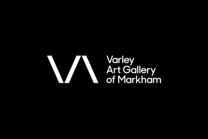 Varley Art Gallery of Markham logo in white text and graphic elements over a black background. Simple, modern design.