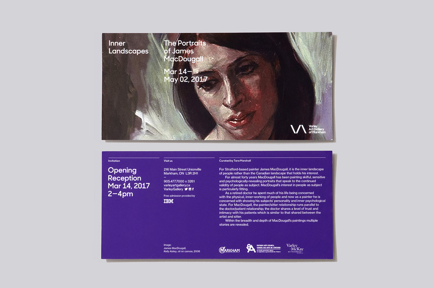 Art gallery invitation featuring a painted portrait of James MacDougall for an exhibition titled 'Inner Landscapes,' spanning March 14 - May 2, 2017.