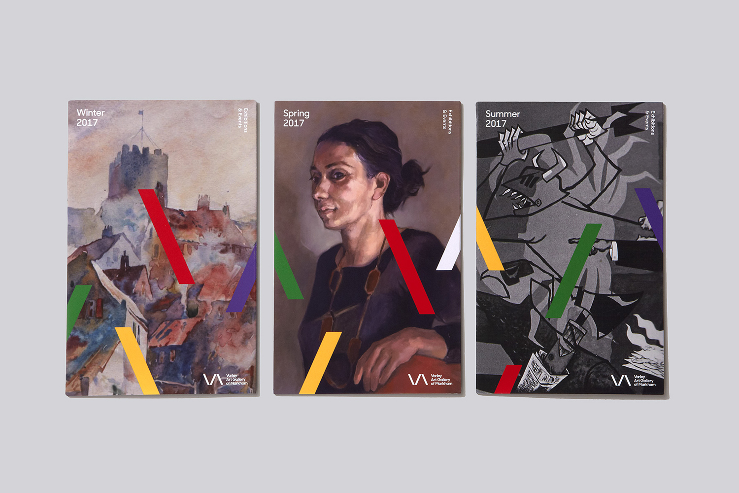 Three art gallery posters featuring watercolor landscapes, portrait paintings, and abstract figures with colorful geometric accents and text.