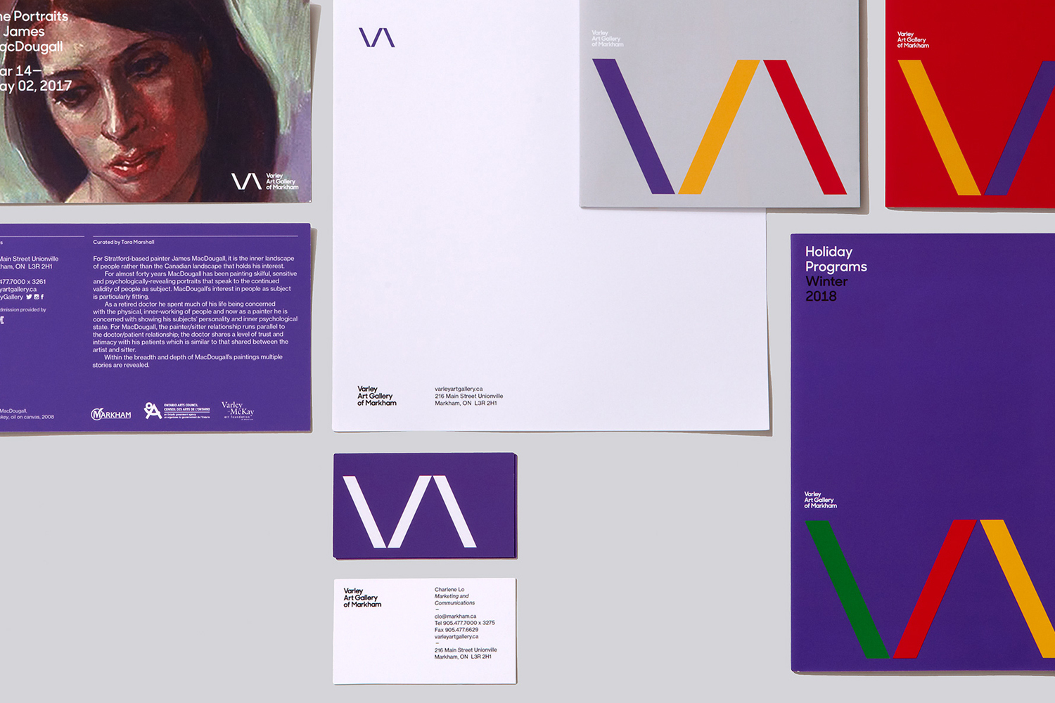 Promotional materials including an art exhibition poster, a purple holiday program, and branded letterhead for the Varley Art Gallery of Markham.