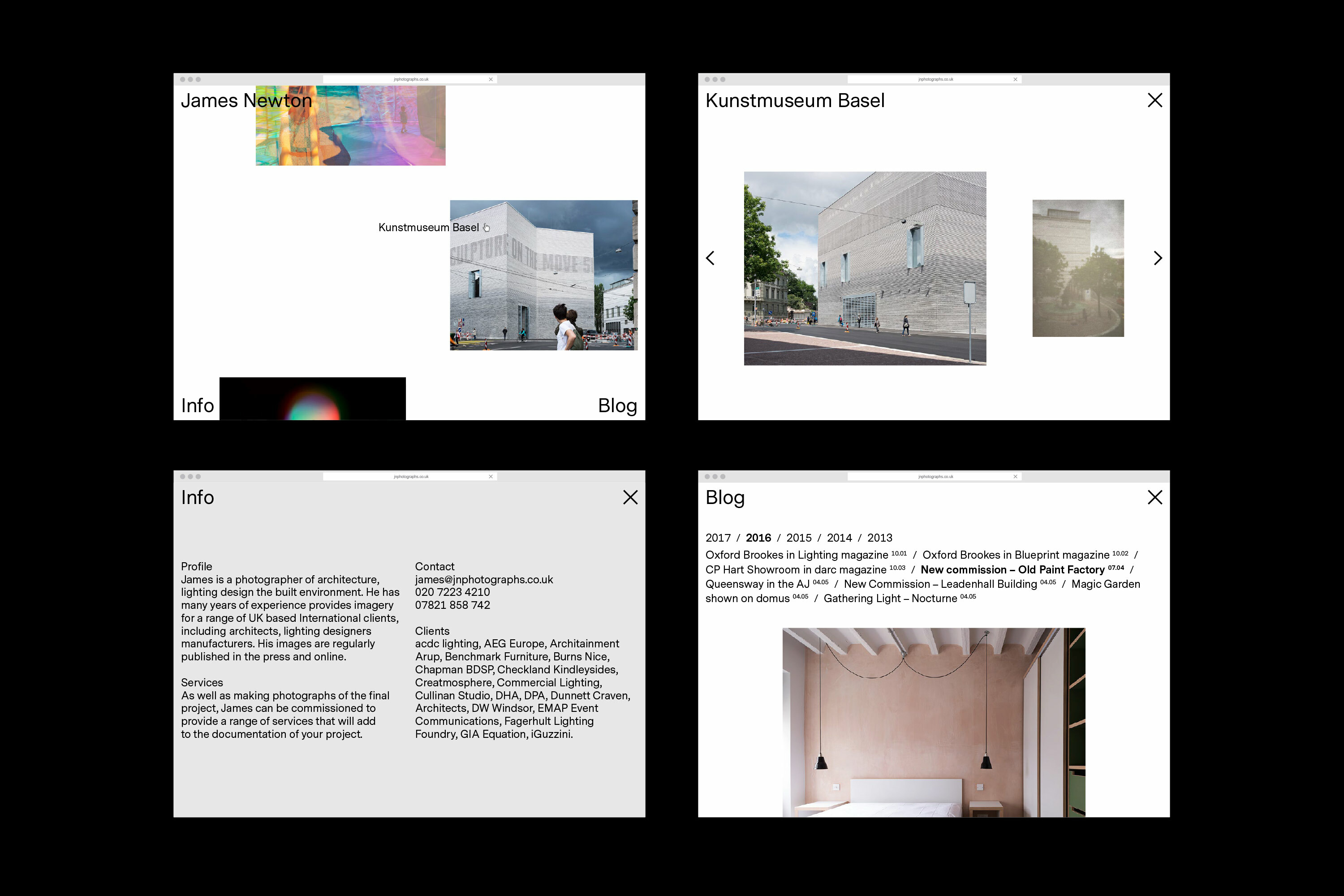 Website showcases James Newton's architectural photography and lighting design work, featuring Kunstmuseum Basel and client collaborations.