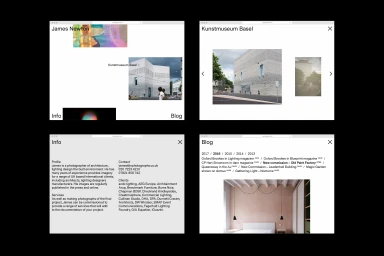 Four-panel browser window layout showcasing the James Newton brand identity with architecture photography and portfolio pages.