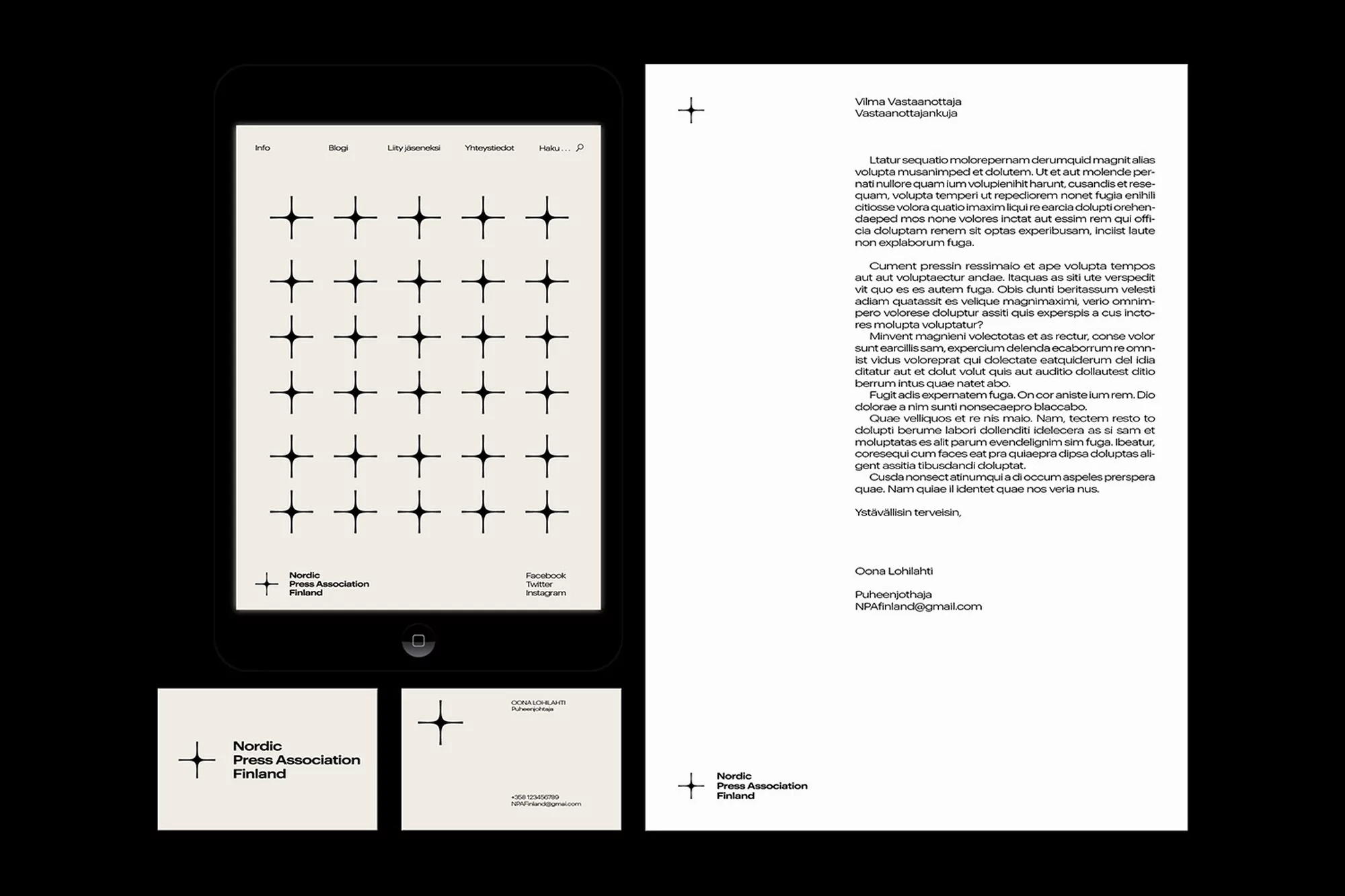 Nordic Press Association Finland branding and stationery featuring a logo pattern displayed on a tablet, business card, and letterhead.