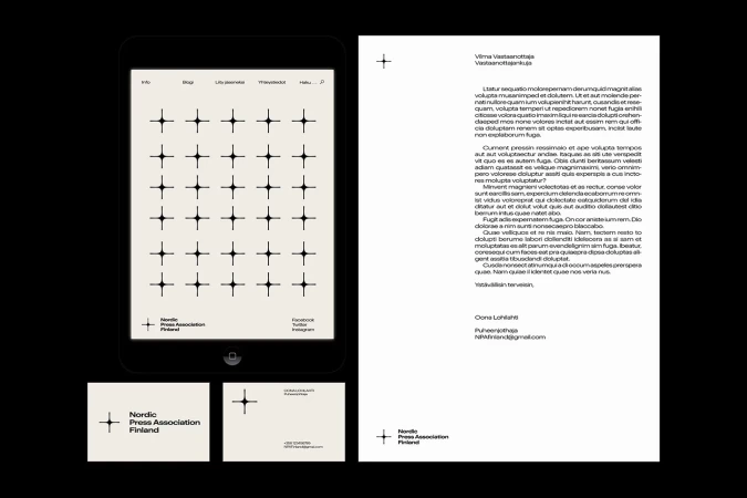 Nordic Press Association Finland branding and stationery featuring a logo pattern displayed on a tablet, business card, and letterhead.