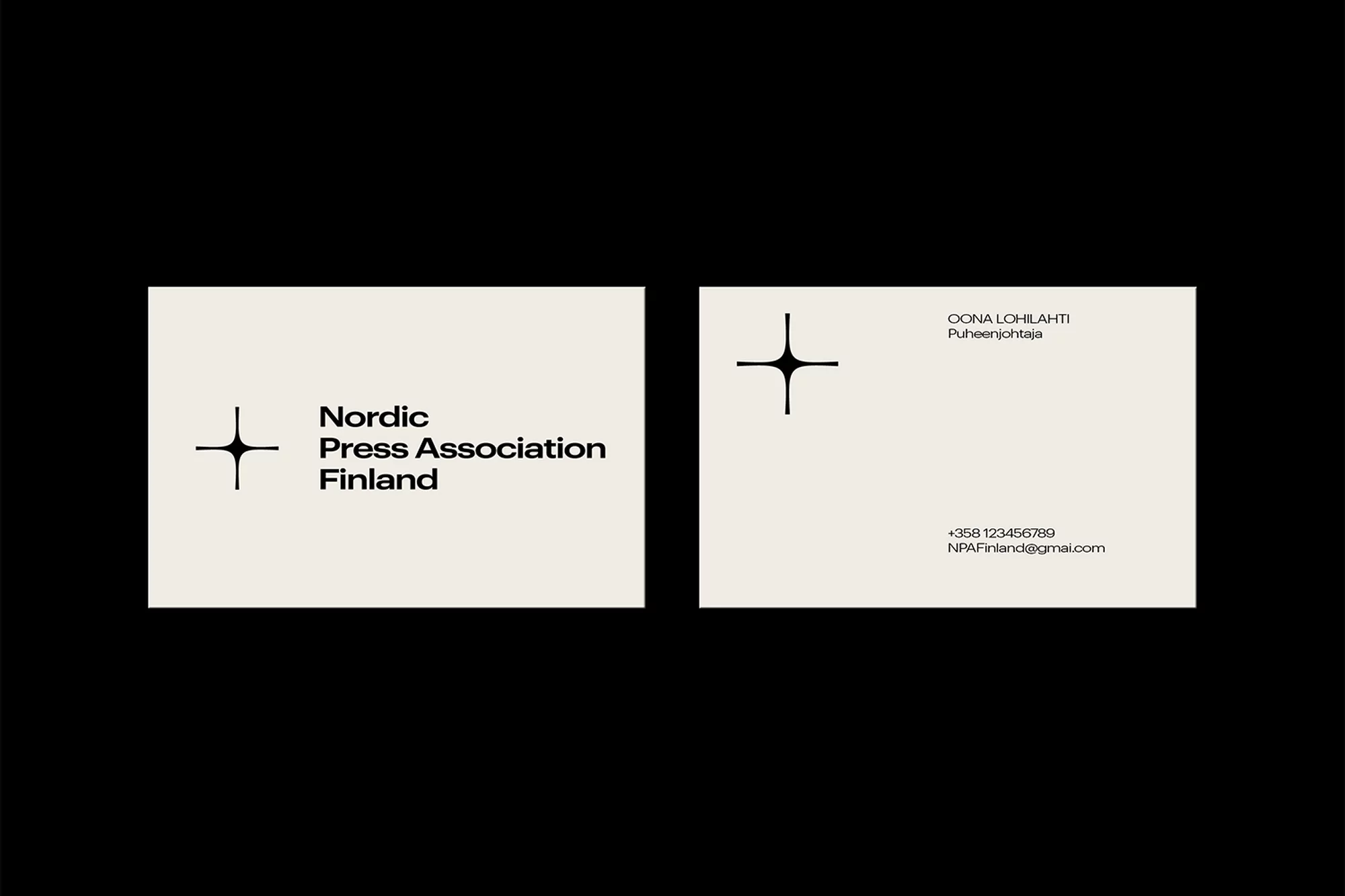 Two business cards are displayed against a dark background, featuring minimal modern graphic design and clear, readable typography.