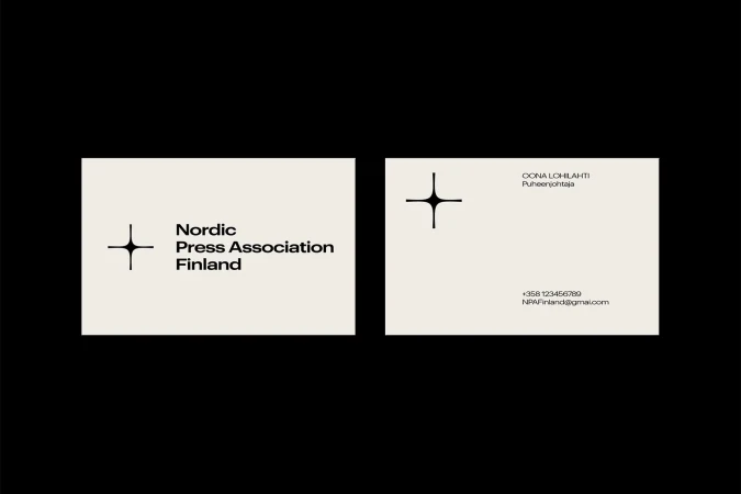 Two business cards are displayed against a dark background, featuring minimal modern graphic design and clear, readable typography.