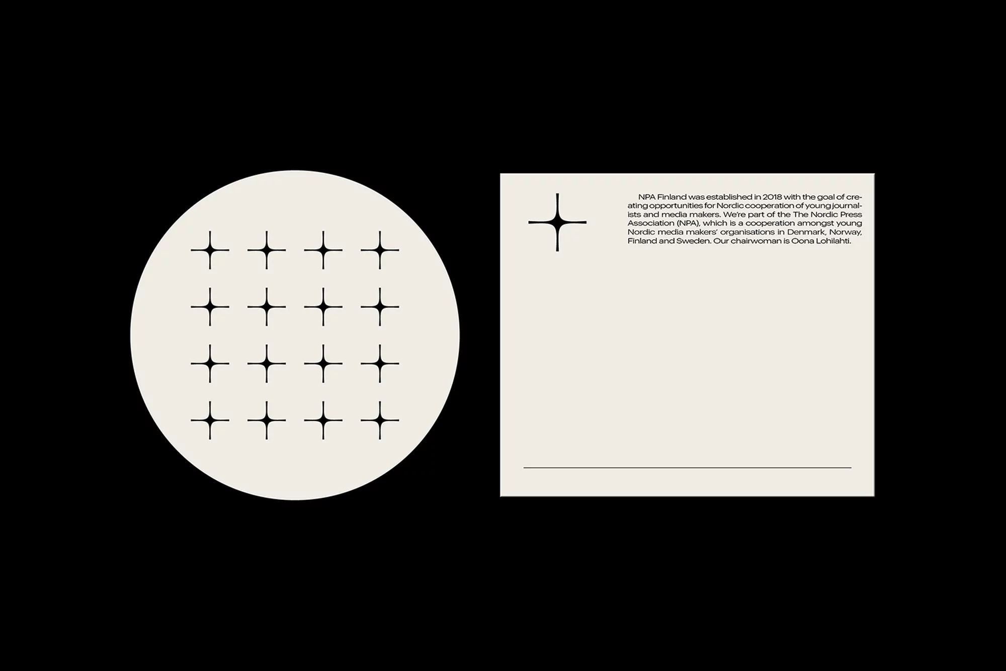 Graphic design featuring a circular grid pattern and text on a light background, set against a stark black backdrop, simple composition.