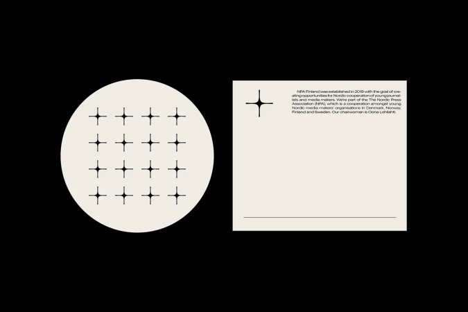 Graphic design featuring a circular grid pattern and text on a light background, set against a stark black backdrop, simple composition.