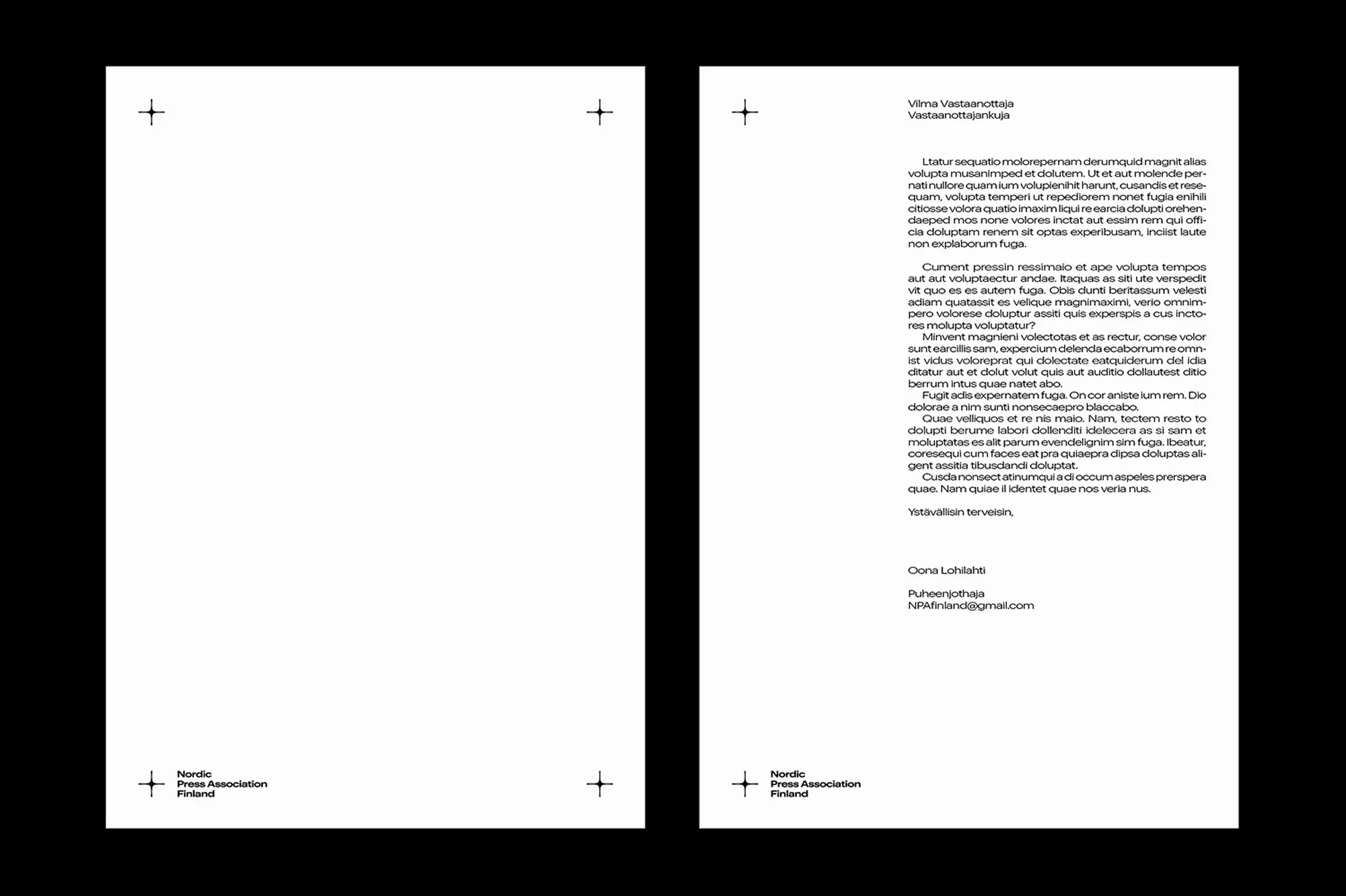 Two sheets of white paper with black text and registration marks against a black background, displaying a letter from the Nordic Press Association.