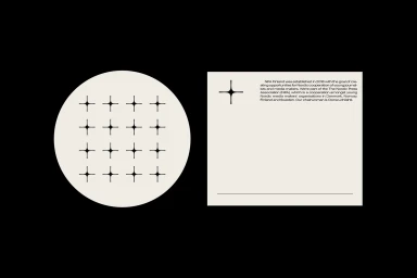 Brand identity design featuring a circular element with star icons and a descriptive text block against a dark background