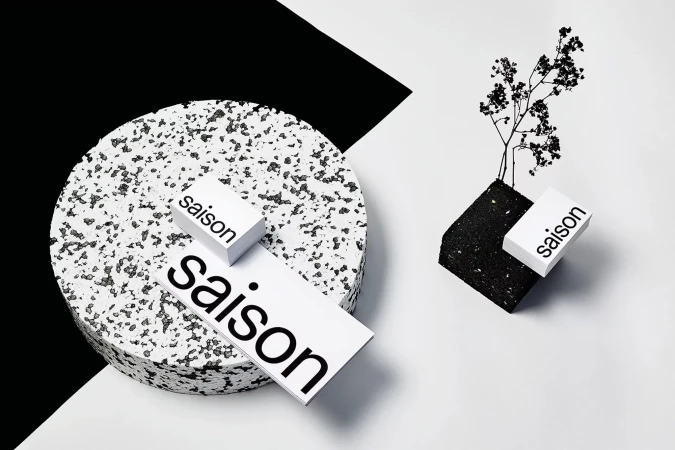 Minimalist still life with geometric objects and plant sprigs, featuring ‘saison’ branding on white cards against black and white background.