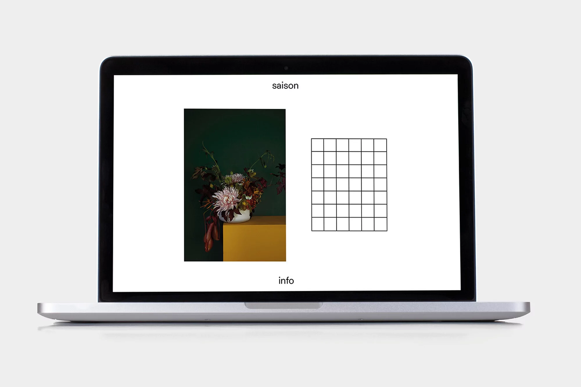Laptop screen displays a floral arrangement in a vase alongside a grid and text, set against a dark green and white background.